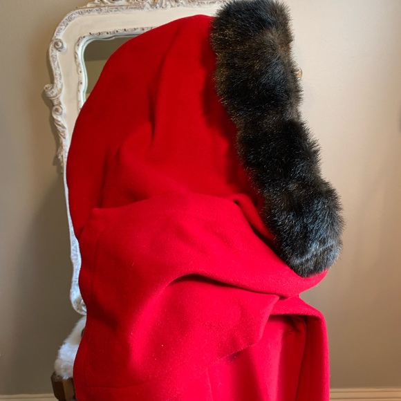 Dennis Basso Red Wool Cashmere Blend Coat Faux Fur Hood with Scarf Size Medium - Picture 8 of 12